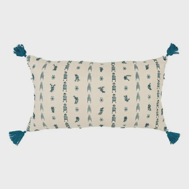 Rizzy Home Decorative Pillow, Natural with Teal Geometric Detail
