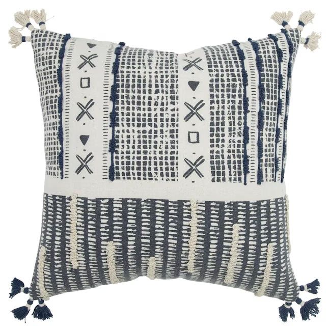 Rizzy Home Decorative Pillow, White and Blue Geometric Pattern Corner Tassles