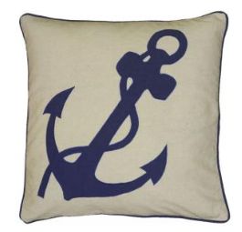 Rizzy Home Decorative Pillow, White with Blue Anchor and Trim