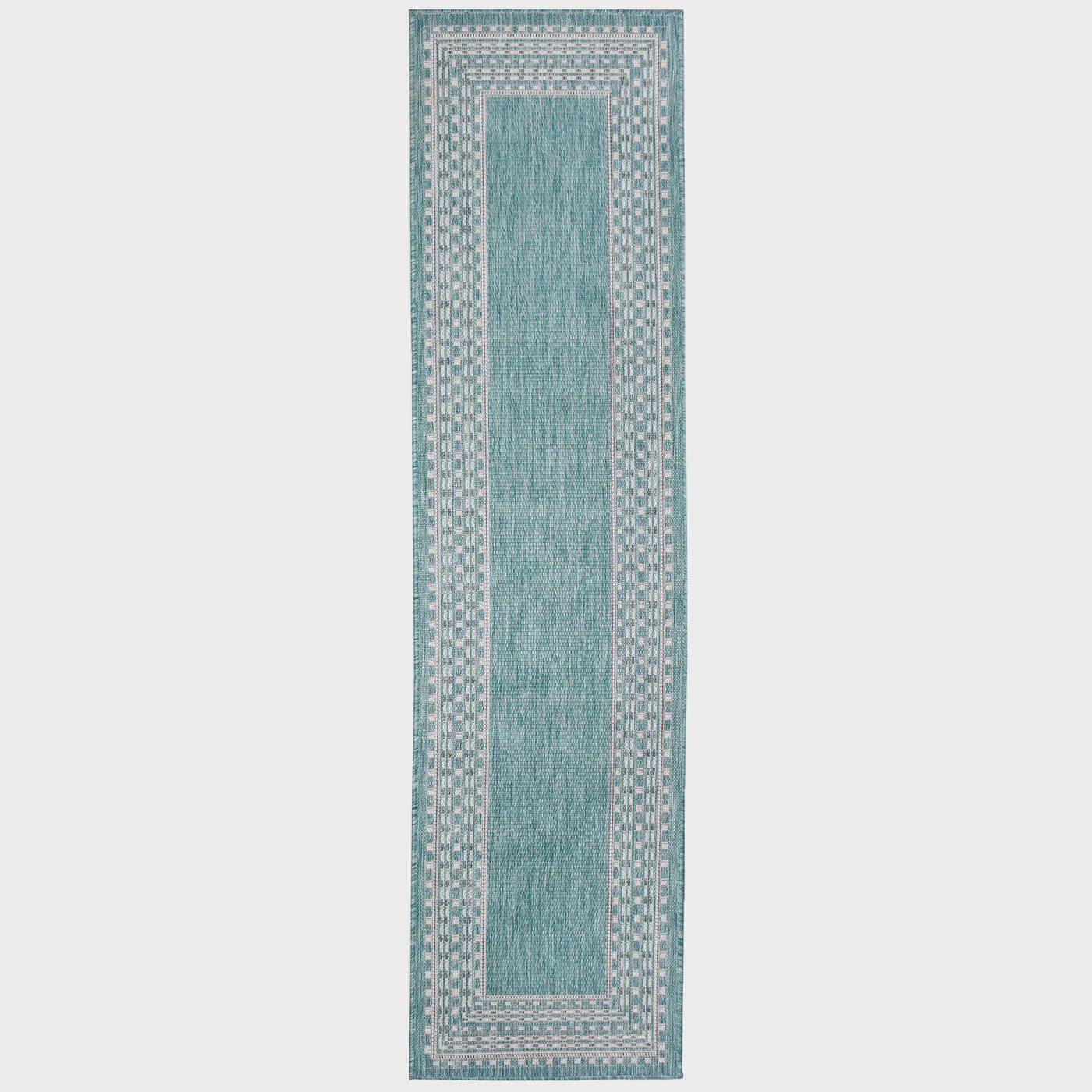 Malibu Etched Border Indoor/Outdoor Rug Aqua, Size: 1&#39;11&quot; x 7&#39;6&quot; Runner