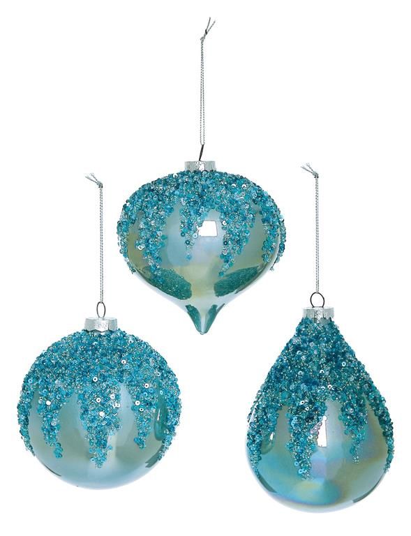 Bead &amp; Gem Glass Cap Ornament, 3 Assorted, Aqua Blue