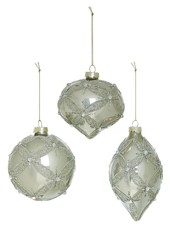 Bead &amp; Gem Glass Patterned Ornament  3 Assorted, Platinum