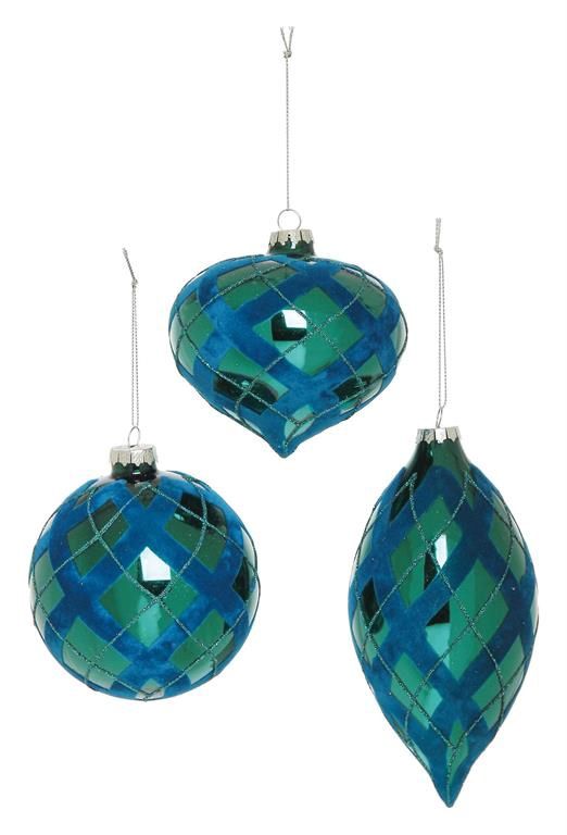 Check Patterned Ornament, 100Mm, 3 Asst, Glass, Teal