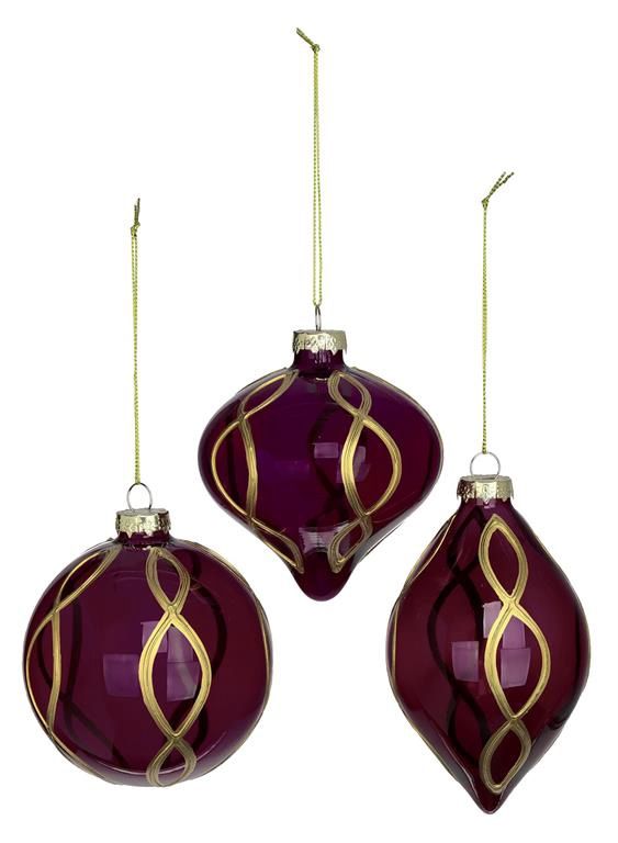 Gold Etched Ball &amp; Finial Ornament, Set of 3 Assorted, Colour: Burgundy
