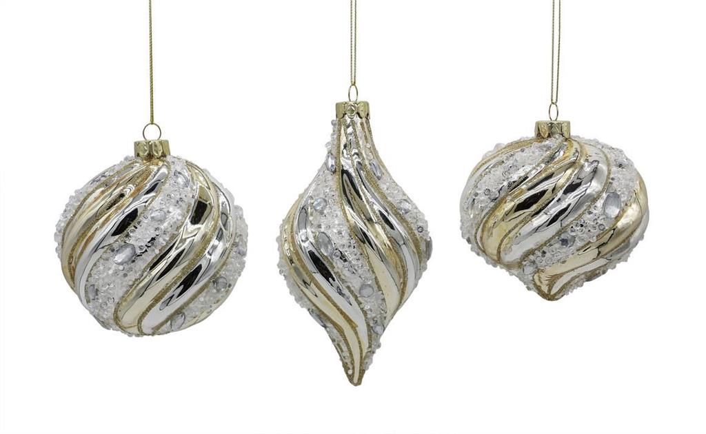 Diamond Swirl Glass Ornament, Clear/Gold (Set of 3)