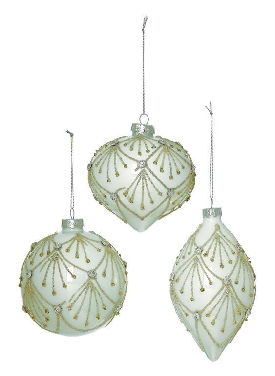 Draping Glittered Patterned Glass Ornament, Pearl (Set of 3)