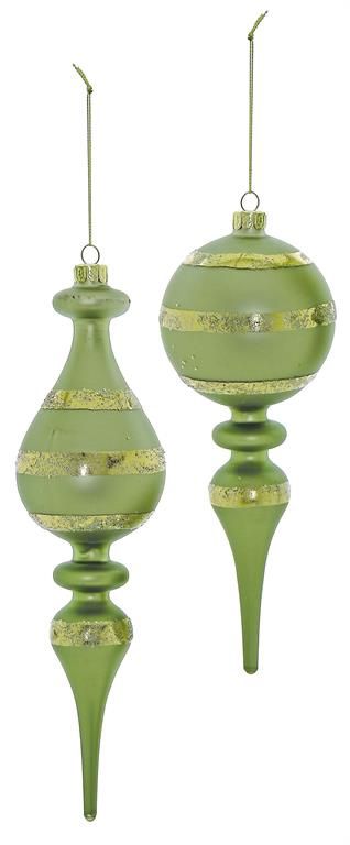 Matte Glass Gold Leaf Stripe Finial Ornament, 10&quot;, Light Green &amp; Gold (Set of 2 Assorted))