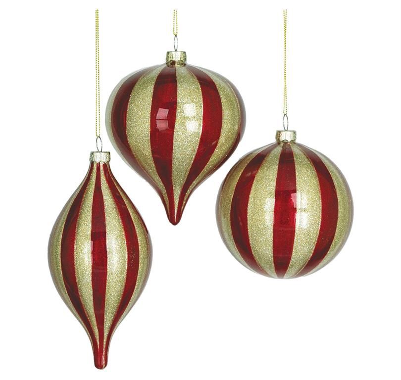 4.5&quot; Glass Stripe Ornament, Red/Silver (Set of 3 Assorted)