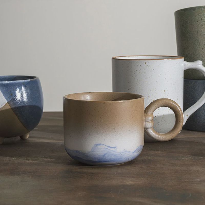 Mug and Saucer Set with Hand-Painted Ombre Design and Round Handle, Tan/Multi