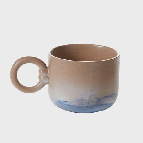 Mug and Saucer Set with Hand-Painted Ombre Design and Round Handle, Tan/Multi