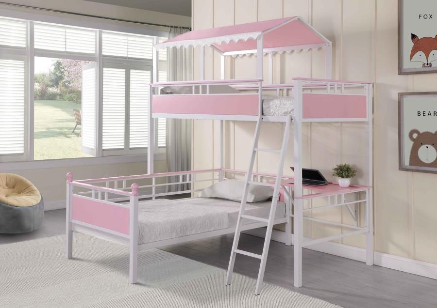 Alexia Twin Over Twin Workstation Bunk Bed Pink and White ONL