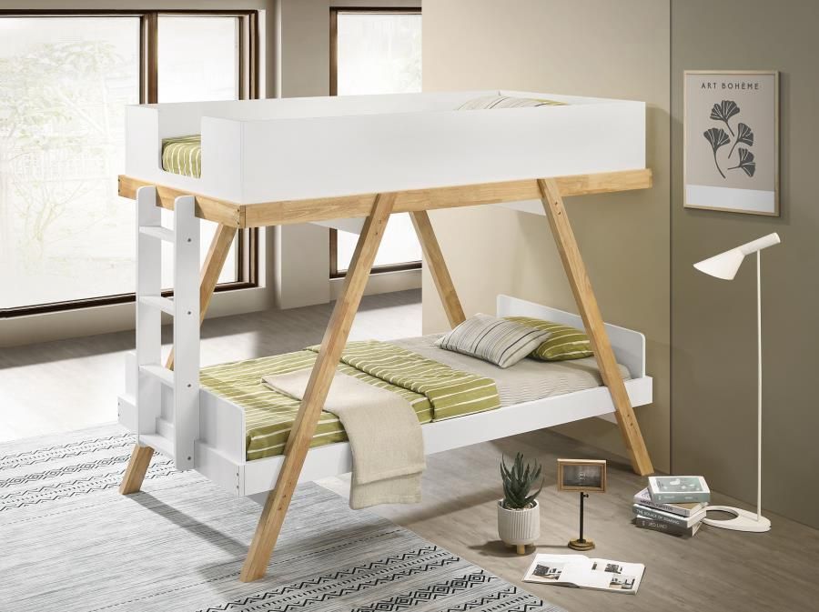 Frankie Wood Twin Over Twin Bunk Bed White and Natural ONL