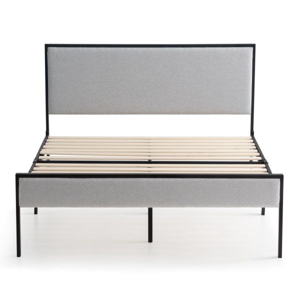 Metal Platform Bed Frame with Upholstered Headboard, Gray, King