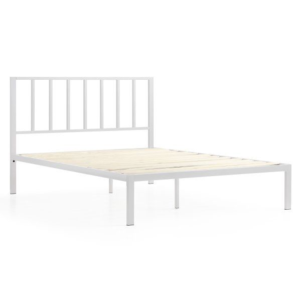 Metal Platform Bed with Vertical Bar Headboard, King, White