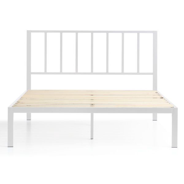 Metal Platform Bed with Vertical Bar Headboard, King, White