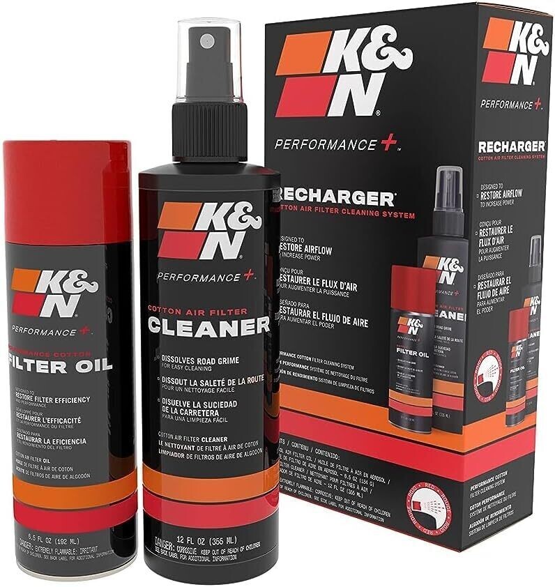 K&N Air Filter Cleaner/Oil, Recharger, Red 12 oz, Pump/6.5 oz, Aerosol, Kit.