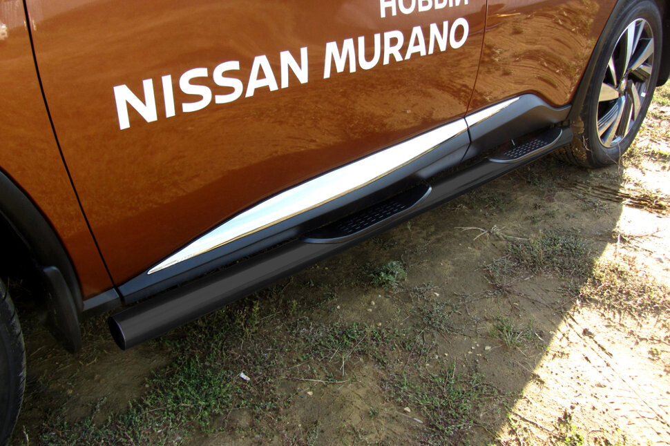 Пороги стальные Nissan Murano (2014-2022) d76 с проступями (серебристые)