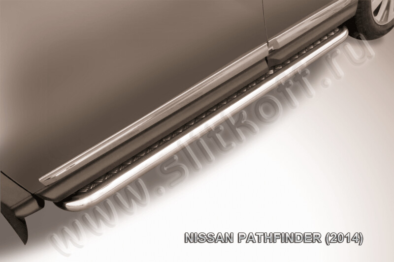 Пороги из нержавейки Nissan Pathfinder (2012-2017) d57 с алюминиевым листом (черный цвет)