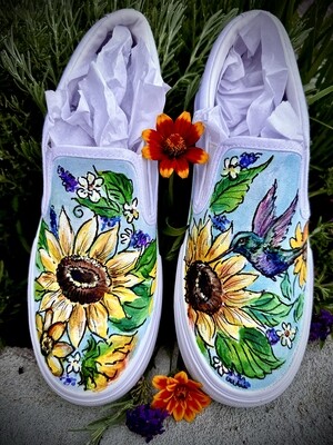 Sunflowers and Humming Bird Hand-Painted Shoes