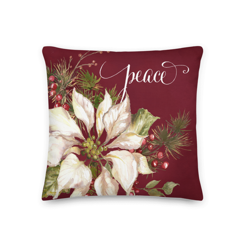 Winter Joy Poinsettia Throw Pillow &quot;Peace&quot; on Deep Red Background