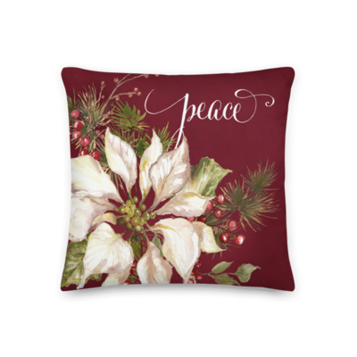 Winter Joy Poinsettia Throw Pillow &quot;Peace&quot; on Deep Red Background