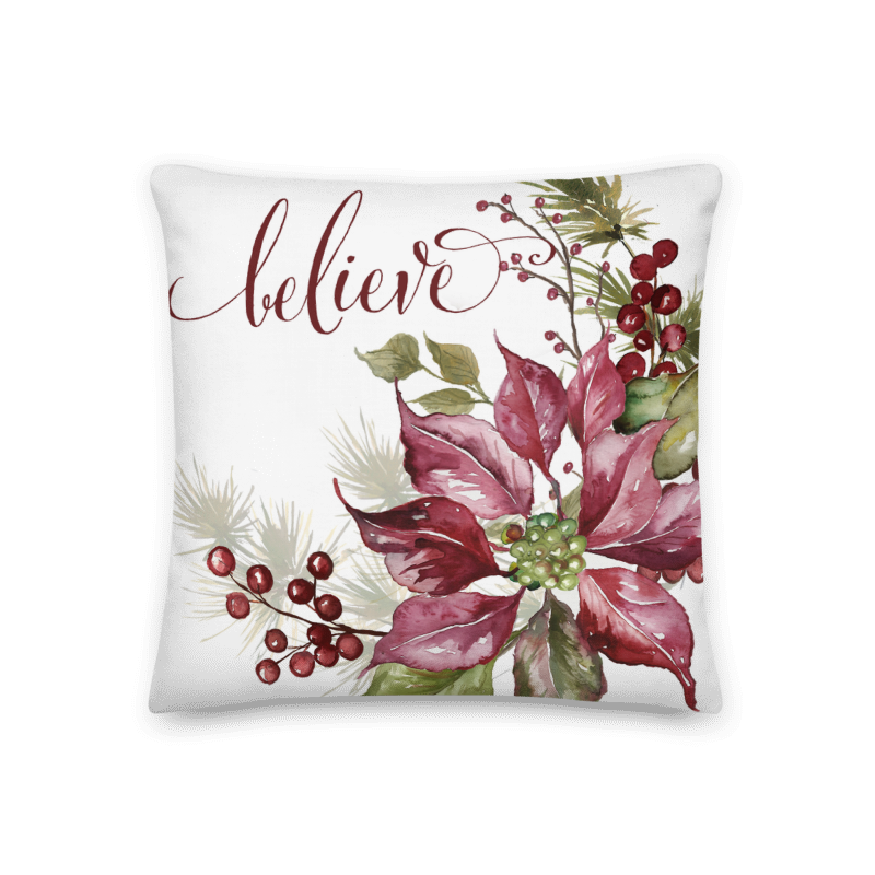 Winter Joy Poinsettia Throw Pillow &quot;Believe&quot;
