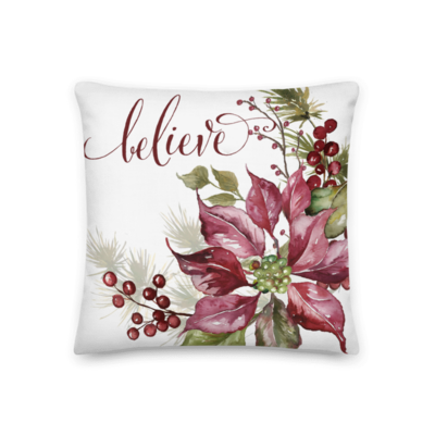 Winter Joy Poinsettia Throw Pillow &quot;Believe&quot;