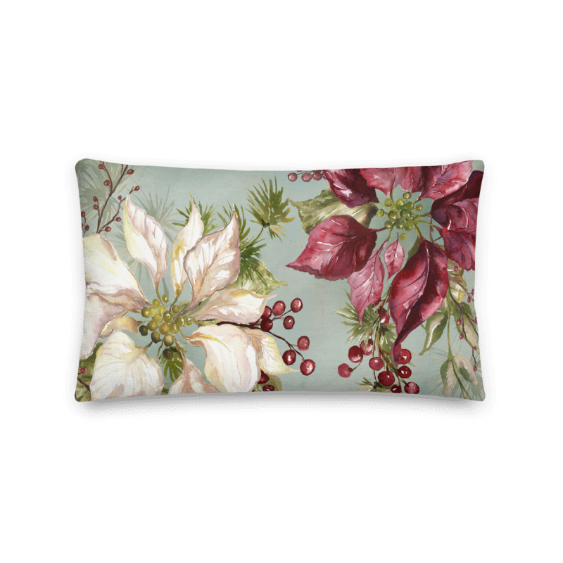 Winter Joy Poinsettias Lumbar Throw Pillow on light green 22&quot;x12&quot;