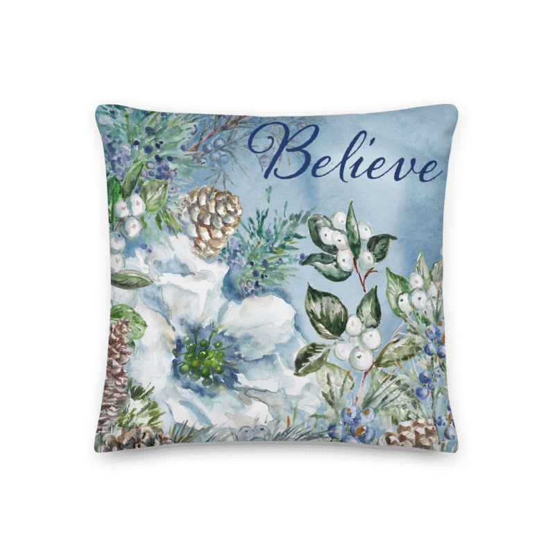 Frosted Winter Woodland White Poinsettia Throw Pillow &quot;Believe&quot;