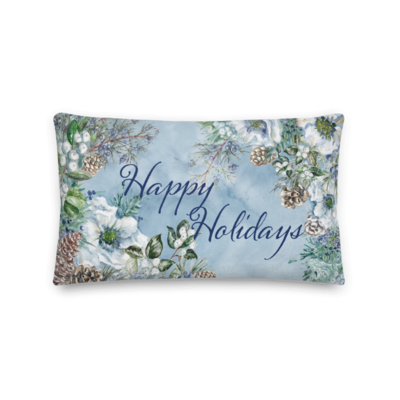 Frosted Winter Woodland White Poinsettia Lumbar Throw Pillow &quot;Happy Holidays&quot;