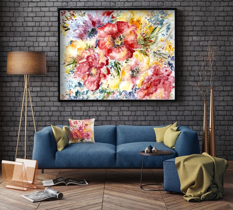 Red Flower Exposion  Watercolor Print
