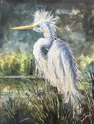 White Crane in the Marsh Watercolor Canvas Print