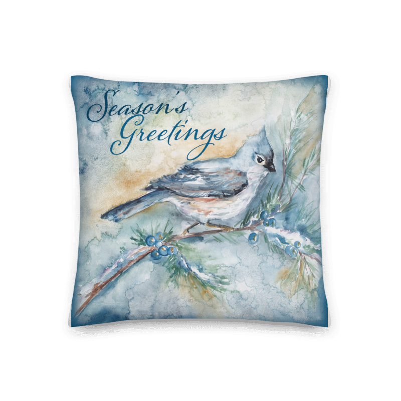 Frosted Winter Woodland Bird Throw Pillow &quot;Season&#39;s Greetings&quot;