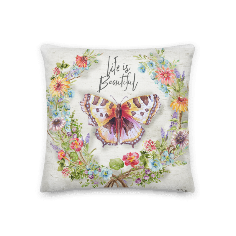 Herb Blossom Wreath with Butterfly-Life is Beautiful Pillow