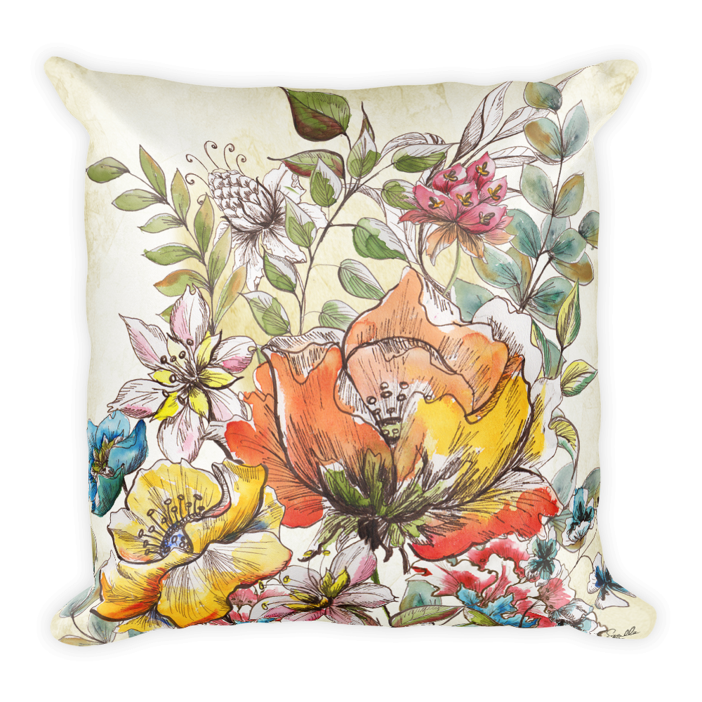 Boho Garden Floral Sketch on Ivory Throw Pillow