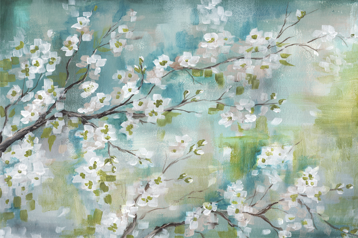 Cherry Blossoms Branch on Blues and Greens