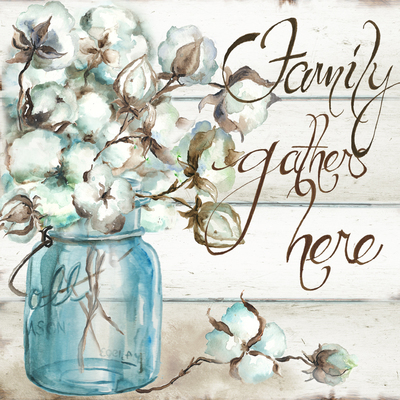 Cotton Boll in Mason Jar &quot;Family Gathers Here&quot; Watercolor