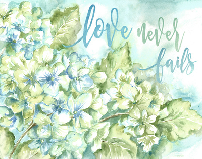 Watercolor Hydrangeas Painting &quot;Love Never Fails&quot;