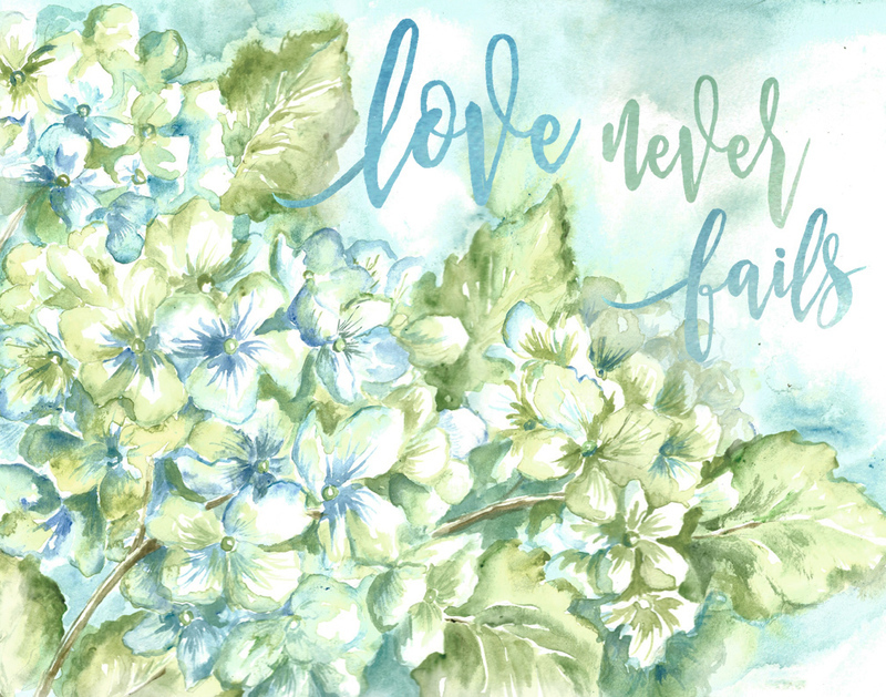 Watercolor Hydrangeas Painting &quot;Love Never Fails&quot;