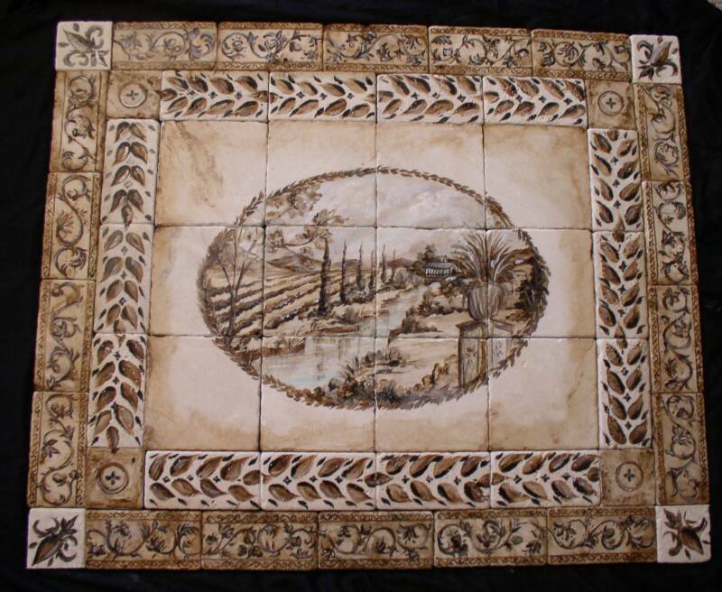 Italian Landscape in Sepia Tones with Scroll and Leaf Borders