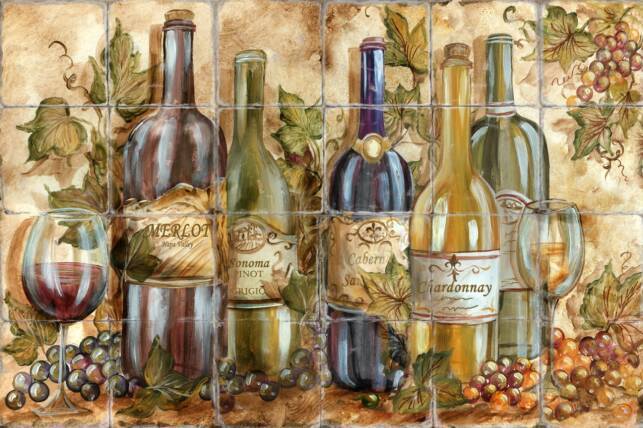 &quot;Grape Vines and Wine Bottles&quot; Printed Tile Mural