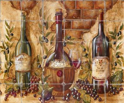 &quot;Three Wine Bottles&quot; Printed Tile Mural
