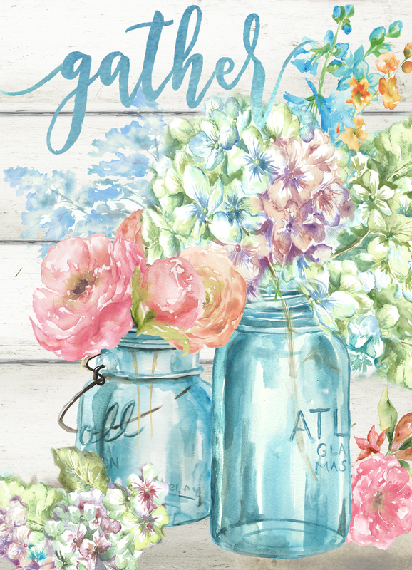 Watercolor Colorful Blooms Mason Jar &quot;Gather&quot; Vertical