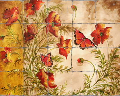 "Modern Poppies With Butterflies" Printed Tile Mural