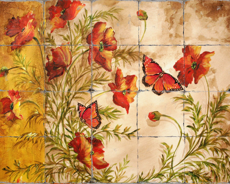 &quot;Modern Poppies With Butterflies&quot; Printed Tile Mural