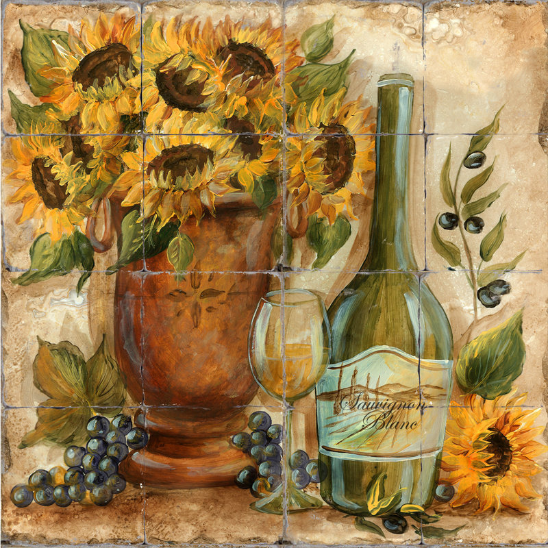 &quot;Sunflowers &amp; White Wine&quot; Printed Tile Mural