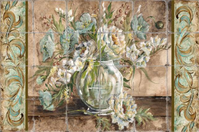 &quot;Blue Poppies in Glass Vase&quot; Printed tile Mural