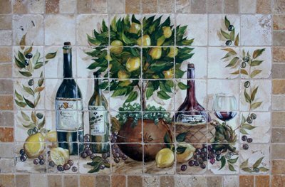 &quot;Italian Lemon Topiary with Three Wine Bottles&quot; Tile Mural