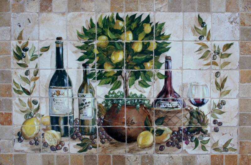 &quot;Italian Lemon Topiary with Three Wine Bottles&quot; Tile Mural