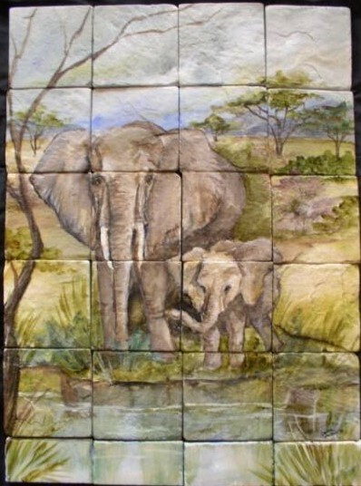 &quot;Mama and Baby Elephants&quot; Hand Painted Tile Murals